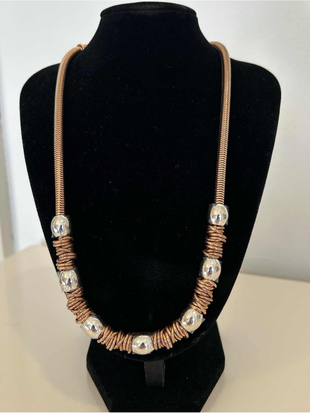 Copper Coil Necklace with Silver Accent Beads - Women's Jewelry